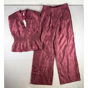 Glam Burgundy Satin 2 Piece Set Zip Peplum Top High Waist Wide Leg Pants Medium